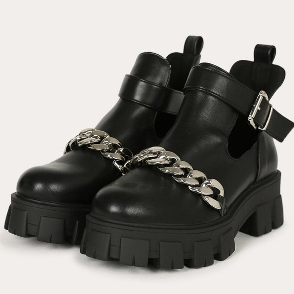 Chain Adorned Silver Chunky Platform Boot Cutout Buckle Lugged Bootie - Picture 6 of 7